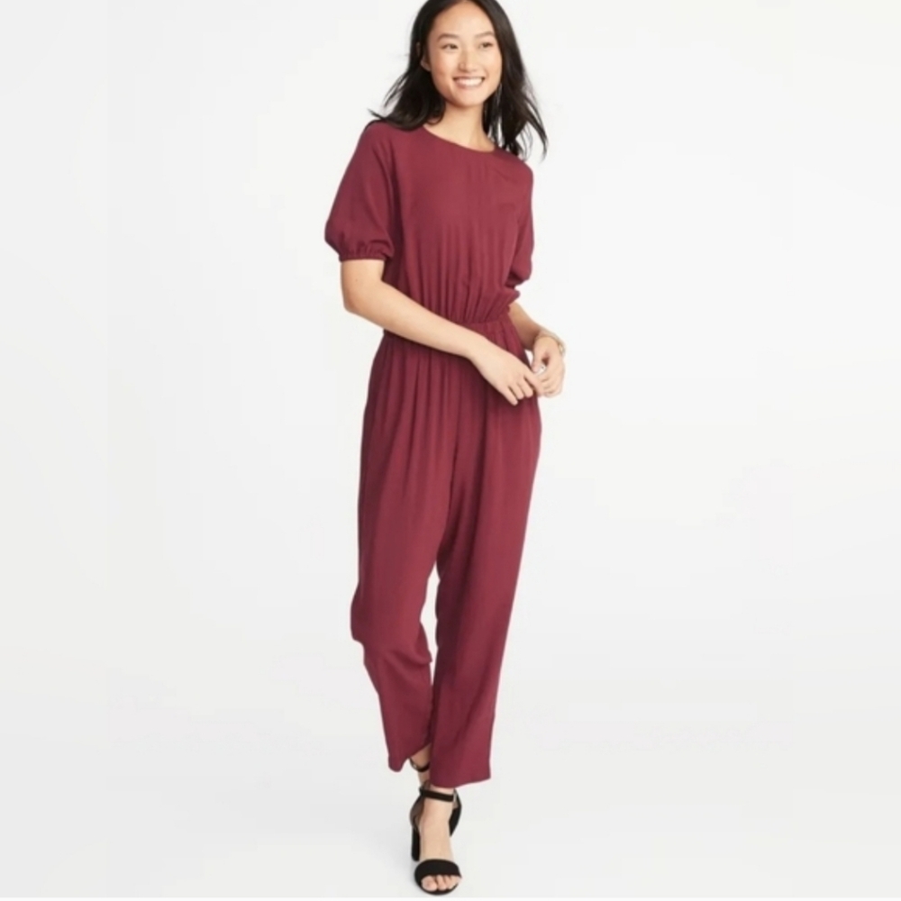NWT Old Navy Waist Defined Balloon Sleeve Jumpsuit 100% Rayon Wine Maroon LG